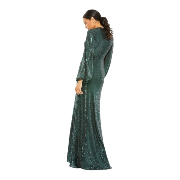 leena for Mac Duggal Bishop Sleeves Metallic Dress in Bottle Green NWT - Picture 3 of 6